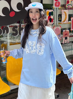 FORUYES官方店 春秋碎花贴布绣国潮牌情侣男女宽松打底衫T恤长袖