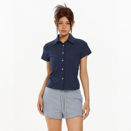 FORUYES官方店 美式复古正肩修身翻领ins收腰显瘦polo领波点衬衫