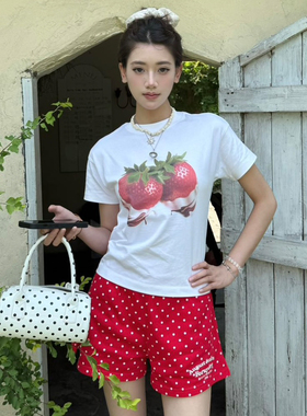 FORUYES官方店 美式复古校园风标语基础刺绣女ins潮红色波点短裤