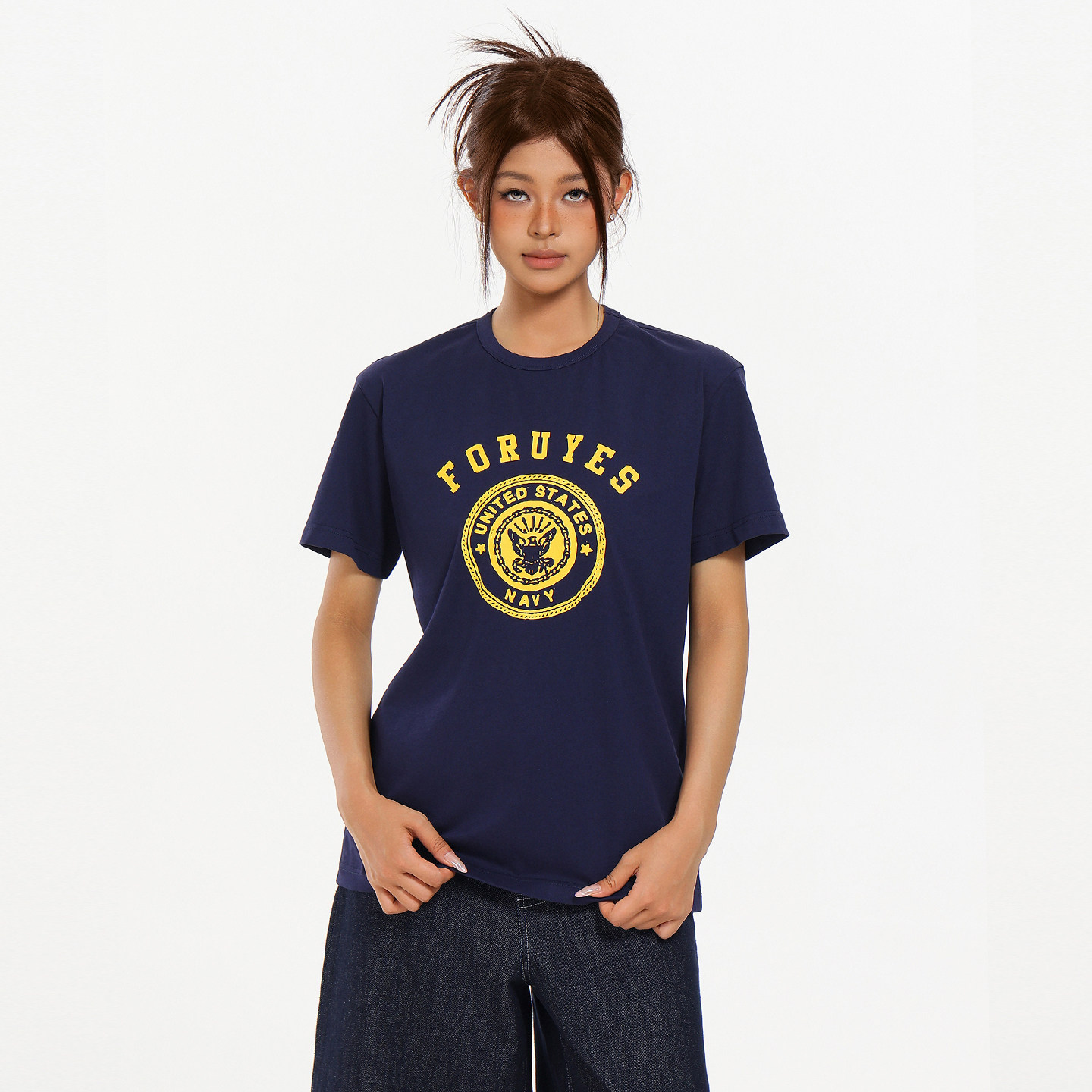 FORUYES官方店 海军徽章印花T恤男女同款宽松百搭情侣款短袖上衣