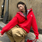 FORUYES官方店 外套 秋冬新年红色格子拼接标语宽松加绒拉链帽衫