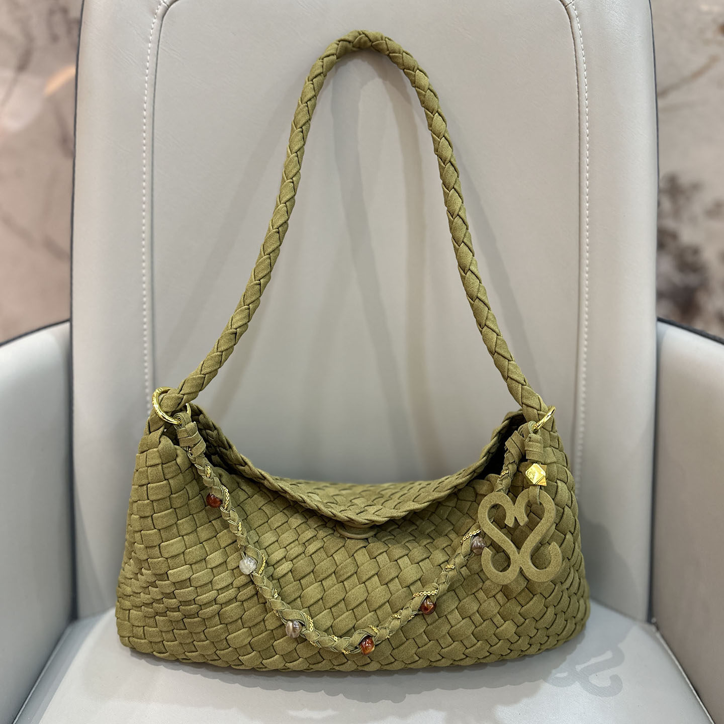 复古风编织腋下包女小众法棍包绿色单肩包高级感百搭链条夏天包包