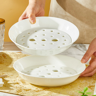 骨瓷饺子盘家用带沥水碟蒸水饺纯白陶瓷双层带屉大号水果海鲜虾盘