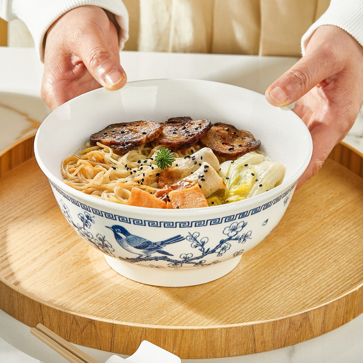 釉下彩陶瓷家用汤面碗中式7英寸吃拉面碗嗦粉碗复古斗笠大拌菜碗图片