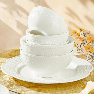 陶瓷碗单个家用纯白浮雕米饭碗可微波简约好看的餐盘自选碗具