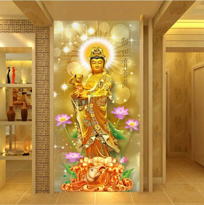 自粘墙贴画贴纸客厅卧室玄关装饰画观音菩萨贴画沙发电视背景墙纸