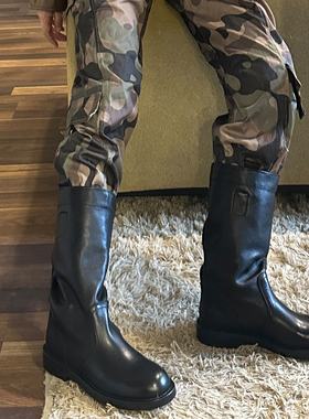 欧洲站牛皮长靴女2025秋冬手工女鞋中筒宽筒显瘦百搭一脚蹬骑士靴