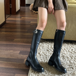 2025秋冬新款 真皮粗腿单靴子高筒不过膝骑士靴长筒皮靴显瘦长靴女