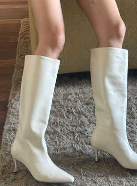 欧洲站胎牛皮by不过膝长靴细跟气质性感尖头高跟宽筒高筒长筒女靴
