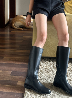 欧洲胎牛皮直筒长筒不过膝高筒骑士靴英伦女款美拉德宽筒时装靴子