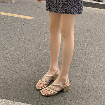 露趾罗马凉鞋头层牛皮交叉绑带