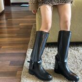 欧洲站全真皮秋冬新款 骑士靴复古长靴美拉德高筒平底不过膝直筒靴