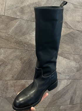 欧洲站秋冬小圆头水洗胎牛皮粗腿直筒全真皮不过膝长靴高筒宽筒靴