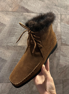 欧洲站牛皮真皮貂毛棕色秋冬法式高帮平底方头系带复古配裙子短靴