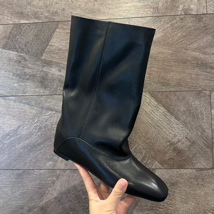 欧洲站小个子胎牛皮秋冬法式大筒围女靴全真皮内增高中筒靴宽筒靴