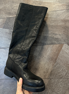 欧洲站2025秋冬新款小圆头水洗牛皮宽筒直筒靴不过膝长靴高筒真皮