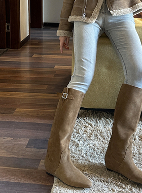 欧洲牛反皮内增高美拉德风不过膝高筒长靴复古西部骑士靴女全真皮