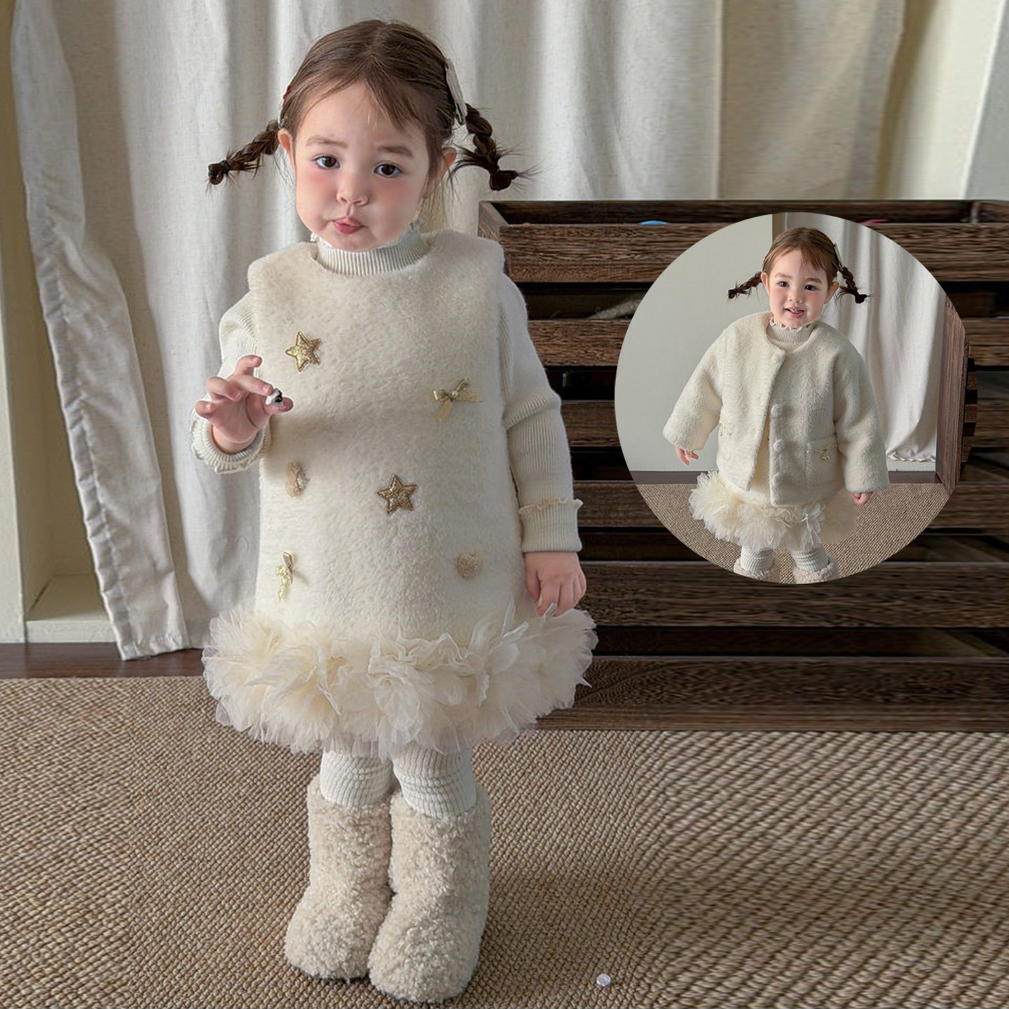 韩版童装冬新款 女宝宝加绒加厚背心裙毛茸外套2件小香风礼服套装
