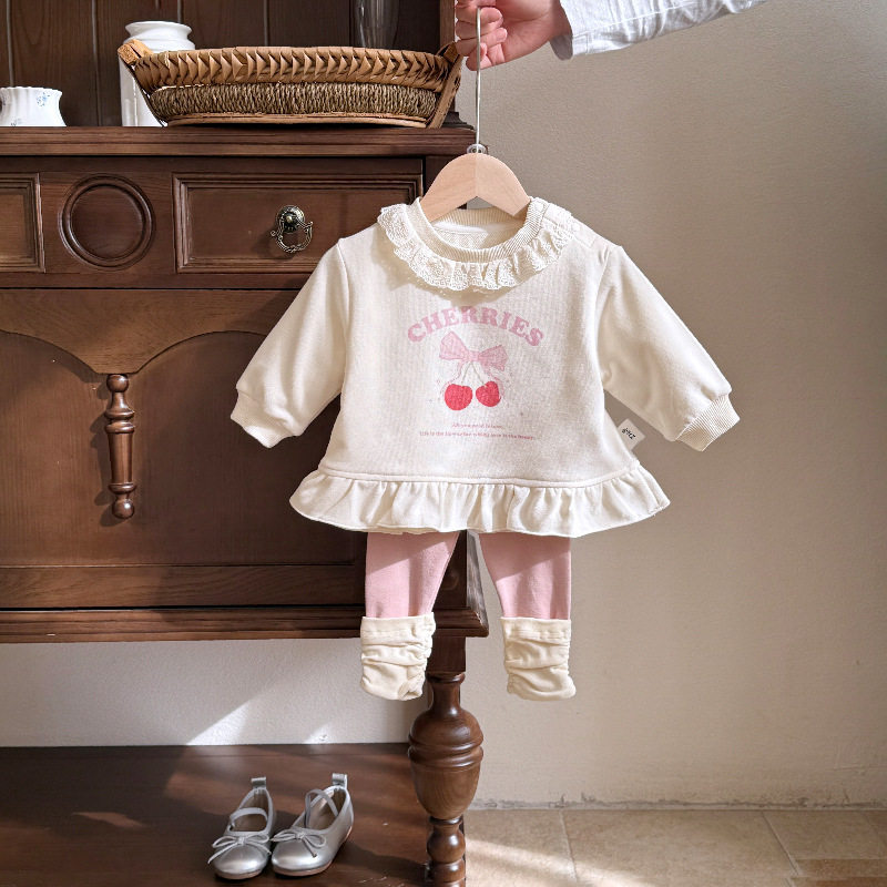 韩版童装 春新款 女宝宝纯棉长袖花边上衣 女宝宝可爱卫衣打底裤