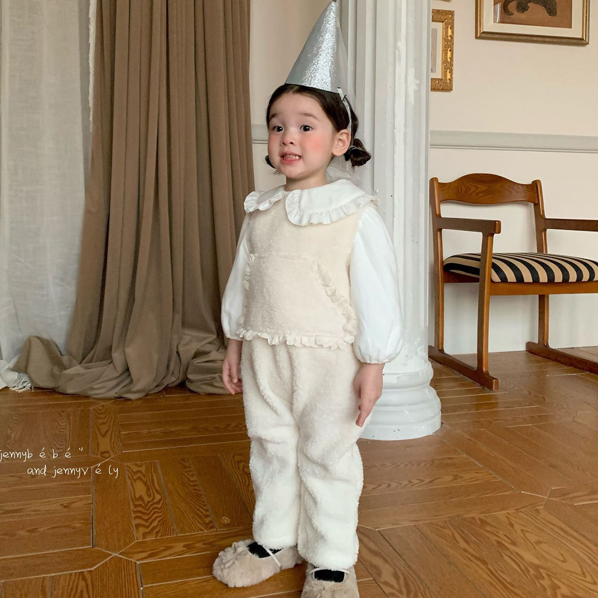 韩版童装女童秋冬套装女加厚连体衣大翻领夹棉衬衫羊羔绒连体裤