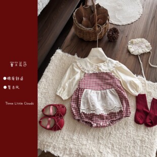 婴幼儿春秋女宝婴幼儿韩系复古红格子衬衫娃娃领套装上衣哈衣爬服