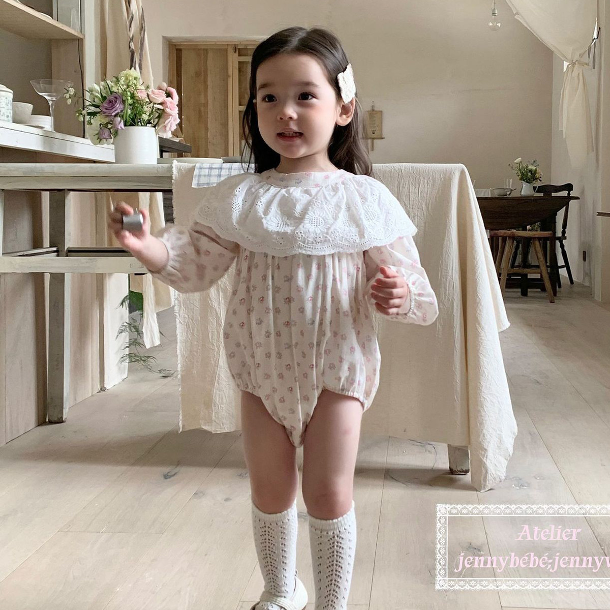 韩版童装 春季新款 婴幼童甜美碎花爬服女宝宝刺绣花翻领连衣裙