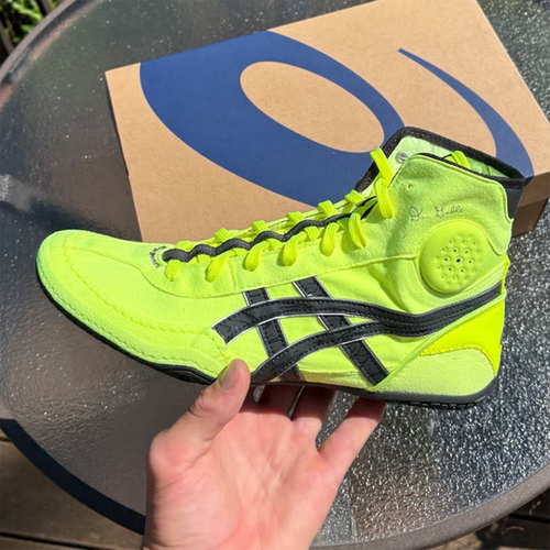 代购ASICS Dan Gable EVO 3亚瑟士荧光黄透气防滑高帮男士摔跤鞋