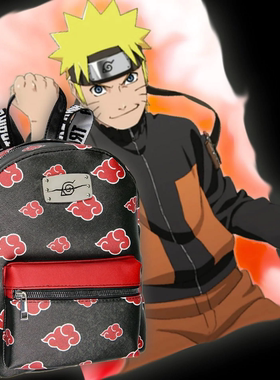 Bioworld火影忍者鸣人晓佐助红云仿十字纹皮革迷你背包轻便双肩包