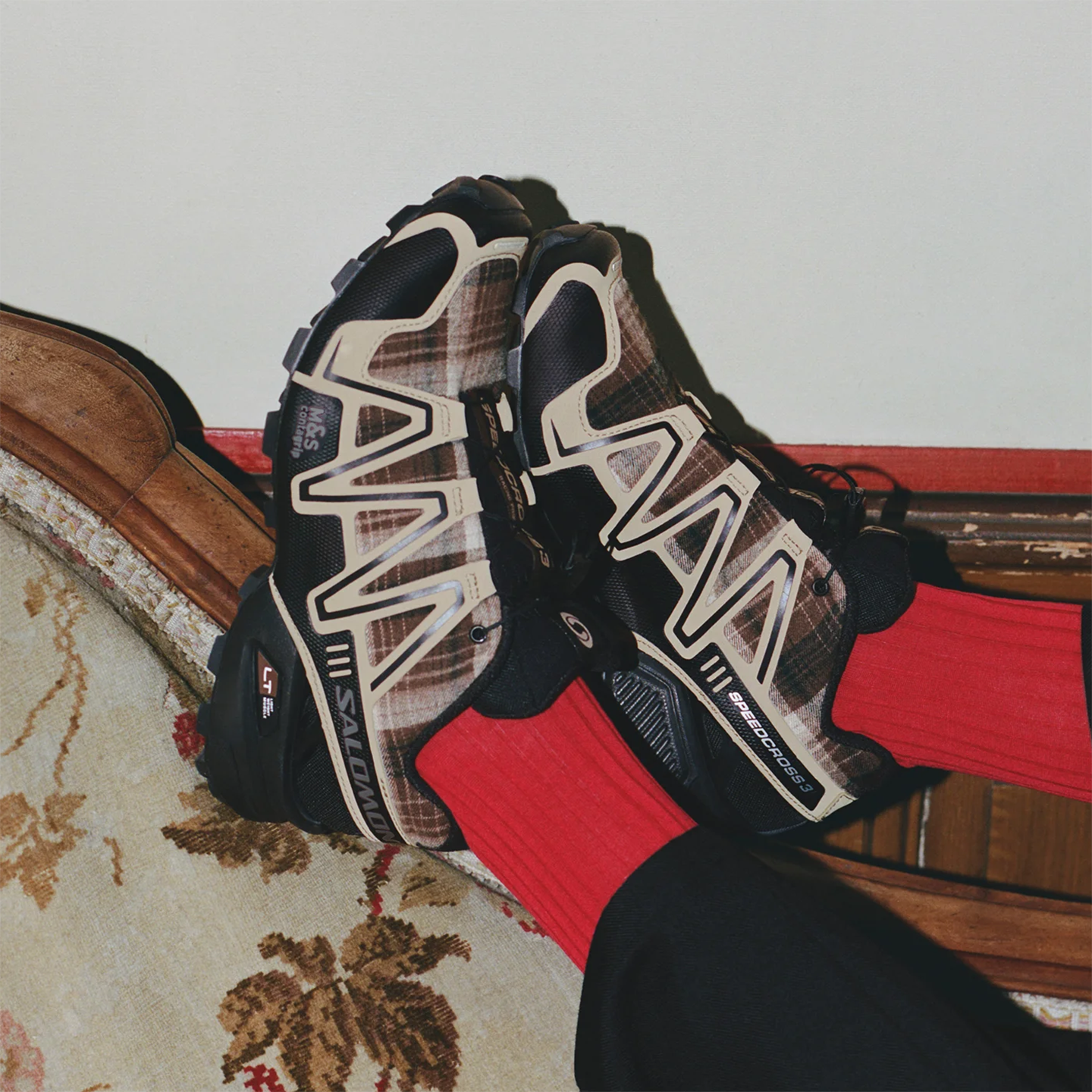 代购Salomon SPEEDCROSS 3 HOLIDAY萨洛蒙复古棕色格子呢越野跑鞋