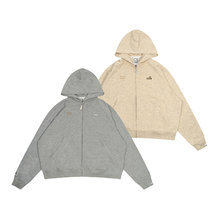 GRAF原创品牌【羊毛温暖】燕麦灰金属小鹿标美式毛圈戴帽直拉开衫