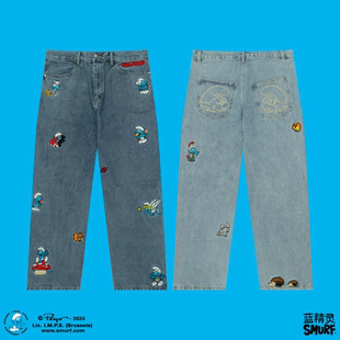 小动物迷你多个刺绣雾霾Baggy牛仔裤 GRAF 蓝精灵联名 SMURF