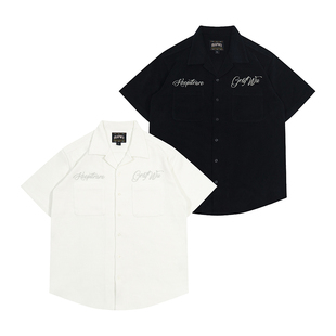 GRAF原创品牌【毛巾竖条】刺绣草写KeepItRare度假风美式短袖衬衣