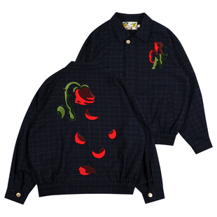 GRAF原创品牌凋谢心碎玫瑰毛巾刺绣深蓝复古休闲格子夹克外套