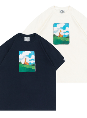 GRAF原创品牌水彩画休息平静的长颈鹿小画蓝天白云绿透气印花短袖