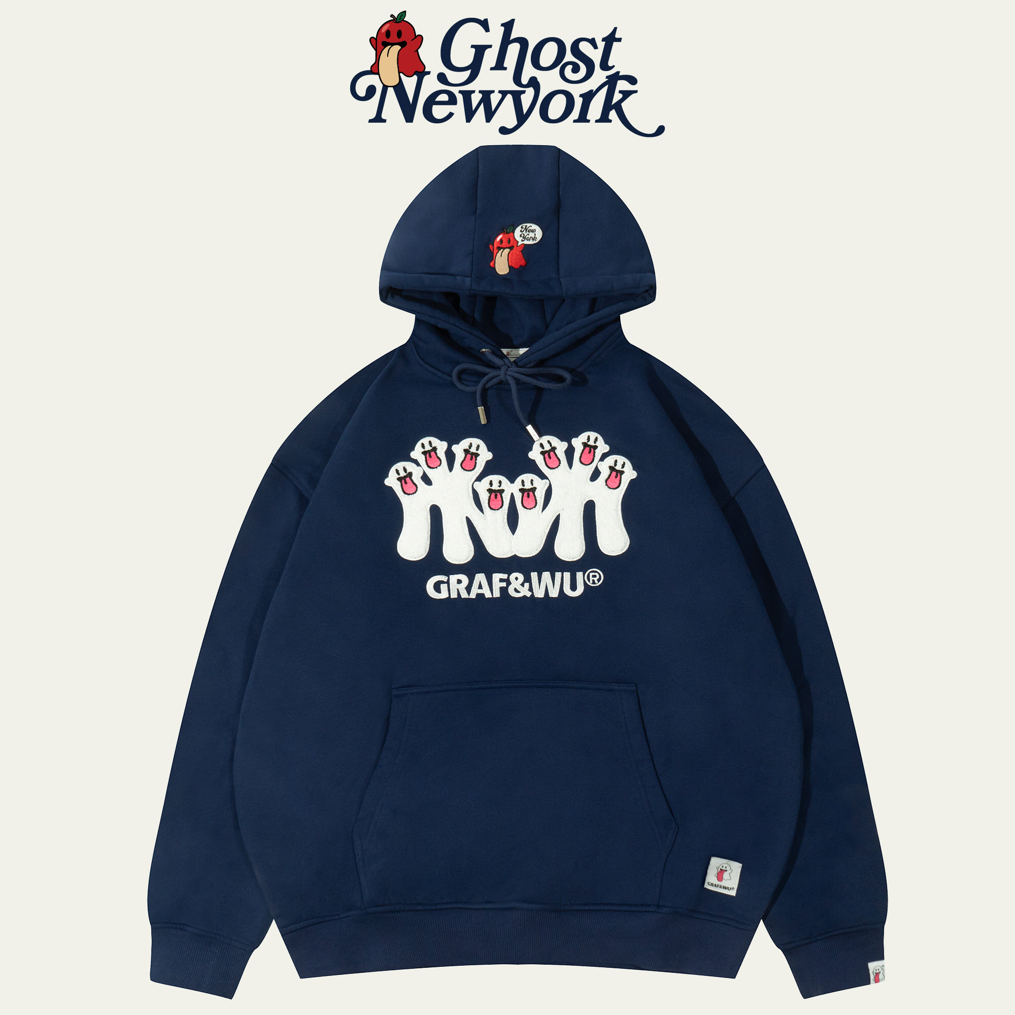GRAF原创品牌纽约NY可爱鬼美式套头秋冬藏蓝刺绣情侣帽衫加绒卫衣