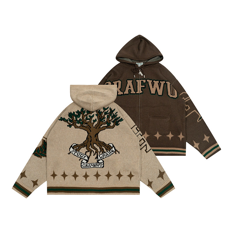 GRAF 오리지널 브랜드 [TOWERING TREE] SAVAGE GROWTH AMERICAN LETTERS 울 블렌드 니트 지퍼 후디
