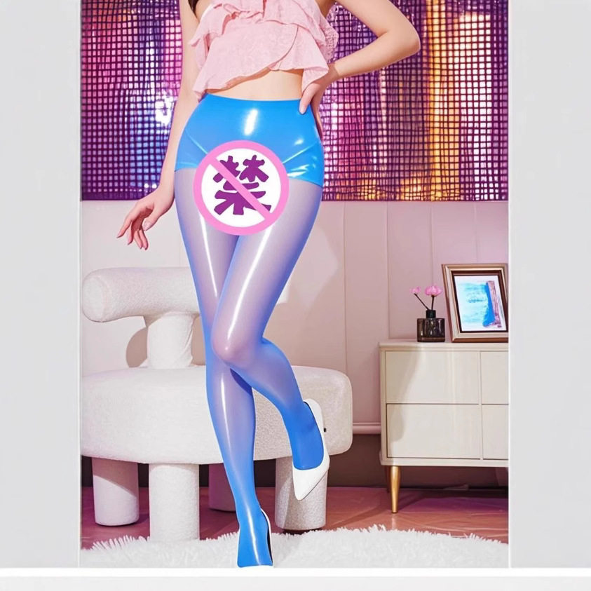 蓝色极光袜无缝裆丝袜女紫色极光袜一体袜油亮长筒黑丝女防勾丝