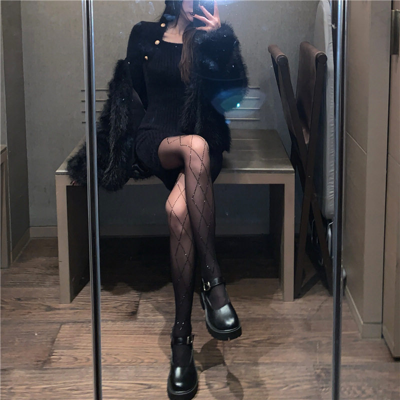 厂家批发网红闪亮带钻丝袜女菱形格子连裤袜子ins潮天鹅绒任意剪