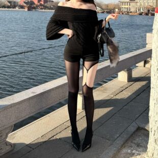 性感纯欲辣妹单侧钻链吊带连裤袜哑光无缝裆黑丝气质御姐丝袜女薄