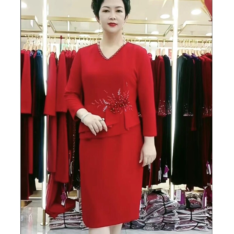 2023秋季新款喜婆婆礼服婚宴妈妈装醋酸麻修身遮肚子连衣裙88019