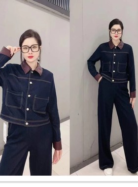 爱茜2024秋季款时尚套装翻领pu皮拼接牛仔上衣+阔腿裤两件套62090