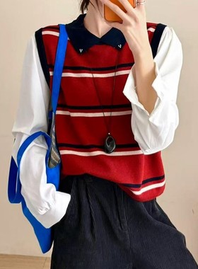 2025冬季新款时尚翻领条纹撞色针织拼接假两件长袖衬衫上衣11855