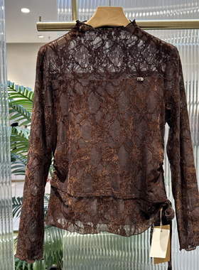 专柜发货2026春季新款时尚小衫女长袖系带蕾丝微透减龄打底衫6698