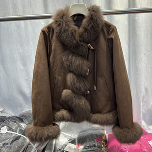 2025冬季新款时尚休闲大狐狸毛领麂皮绒白鸭绒羽绒服短款外套8889