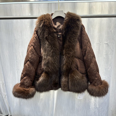 真丝刺绣鹅绒狐狸毛加厚保暖羽绒