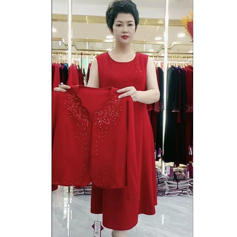 两件套婚礼婚宴礼服连衣裙2023秋季新款重工烫钻醋酸麻宽松打底裙