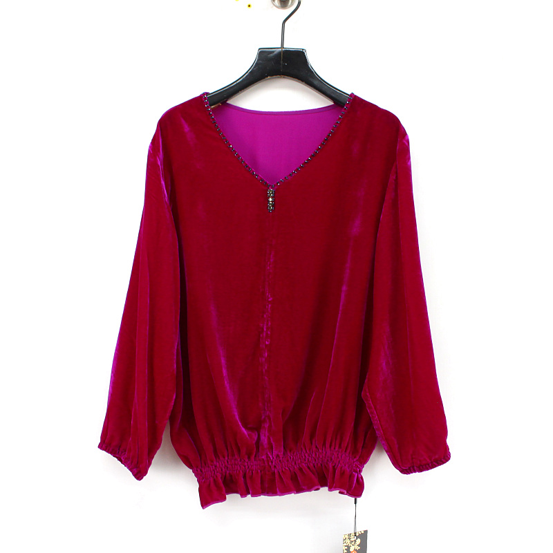 欧洲站2023秋冬新款V领钉珠妈妈装松紧下摆桑蚕丝丝绒洋气打底衫