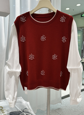 欧货2025冬季款时尚圆领钉珠拼接假两件洋气减龄针织打底衫12043