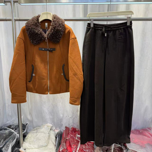 2026冬季新款时尚翻领鹅绒服休闲外套+阔腿羊毛弯刀裤两件套77045