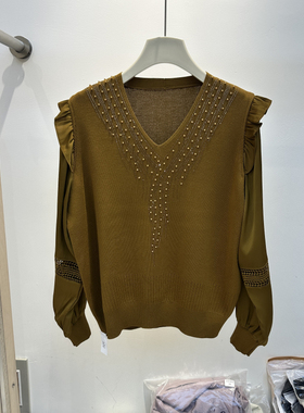 商场同款2025秋季新款时尚V领串珠妈妈装宽松减龄针织打底衫81905